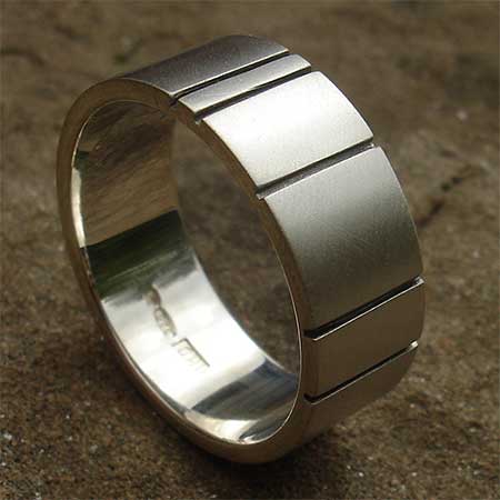 Black etched mens modern silver ring