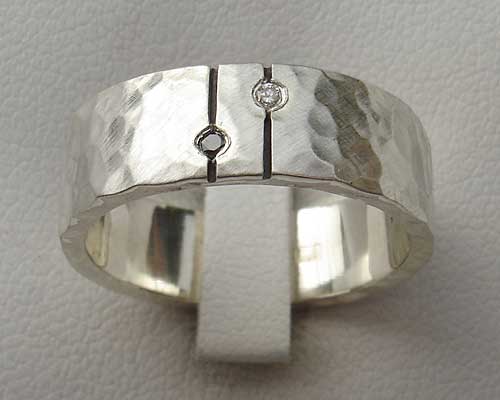 Black and white diamond silver wedding ring