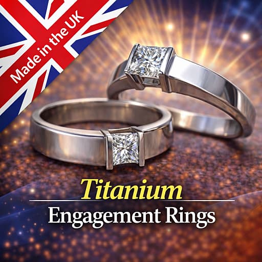 Two titanium engagement rings and a made in the UK British Union Jack