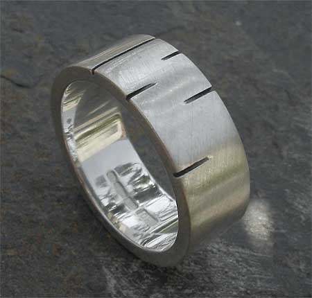 Contemporary etched sterling silver wedding ring