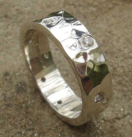 Cubic zirconia hammered sterling silver ring