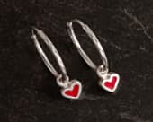 Red heart silver hoop earrings