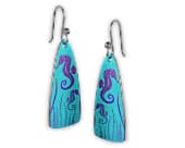 Beautifully detailed seahorse titanium drop earrings in vibrant anodised colours