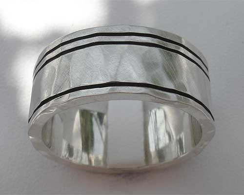 Etched silver hammered wedding ring