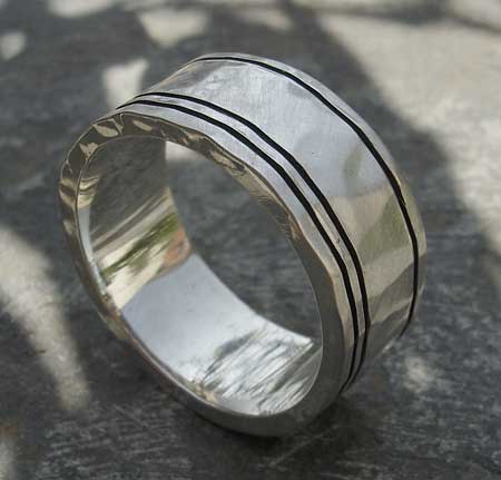 Etched sterling silver hammered wedding ring