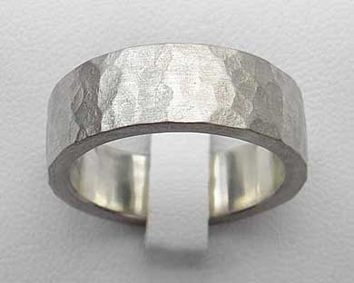 Flat hammered silver wedding ring