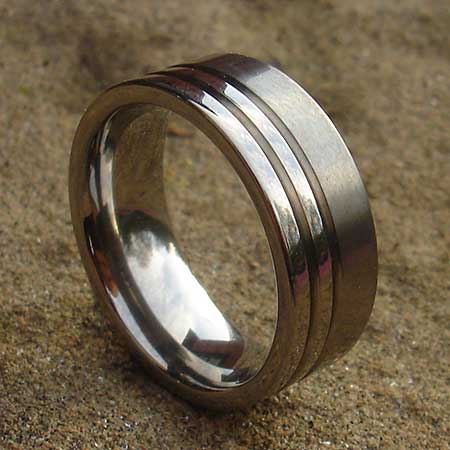 Flat profile two tone titanium wedding ring