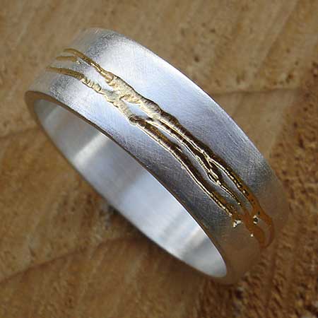 Gold etched sterling silver ring