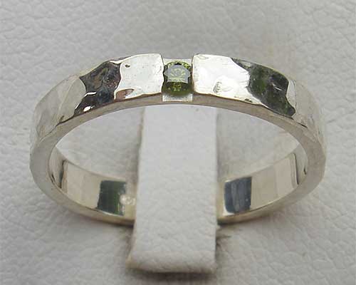 Green diamond hammered silver engagement ring