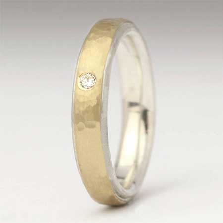 Hammered 9ct gold and silver diamond wedding ring