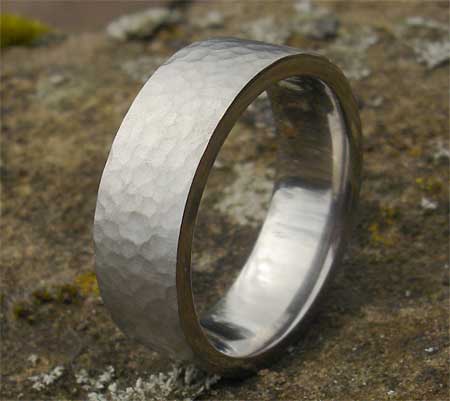 Hammered flat titanium wedding ring
