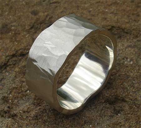Hammered wide sterling silver wedding ring
