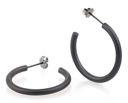 Large black titanium round hoop earrings