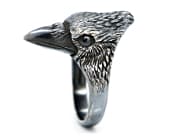 Crow's head ring crafted from blackened sterling silver