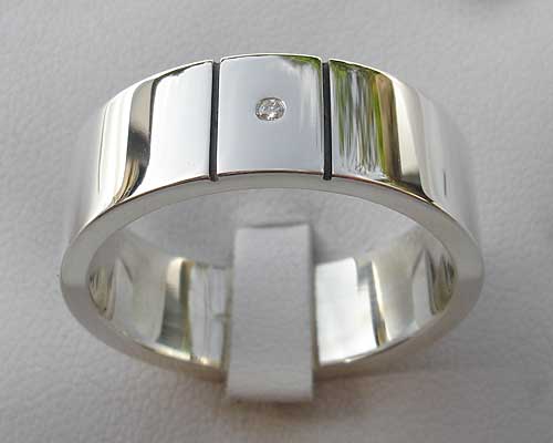 Mens contemporary silver diamond wedding ring
