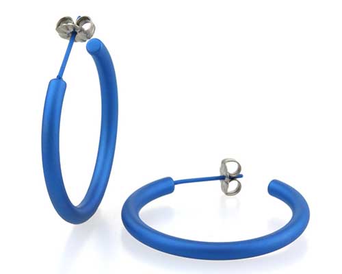Large navy blue titanium round hoop earrings