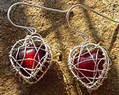 Red heart silver earrings