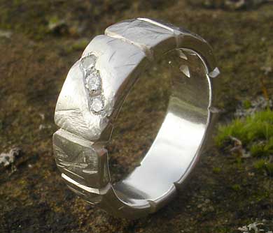 Rugged texture silver diamond wedding ring