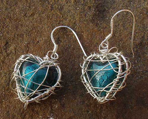 Silver caged heart drop earrings
