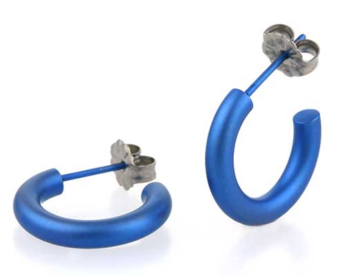 Small blue titanium round hoop earrings
