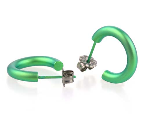 Small green titanium round hoop earrings