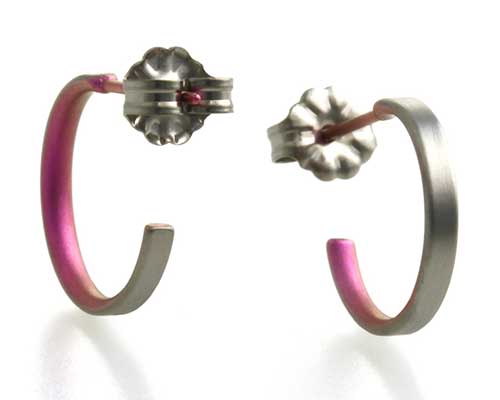 Small grey & pink titanium hoop earrings