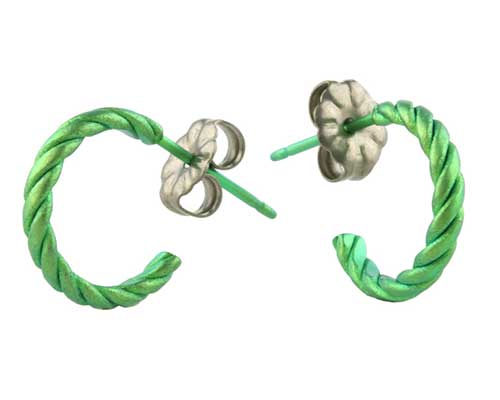 Small twisted green titanium hoop earrings