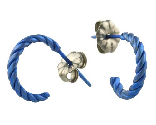 Small twisted navy blue titanium hoop earrings