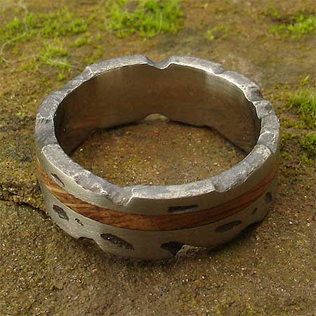 Textured silver and wood inlay wedding ring