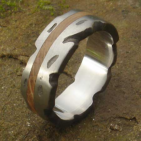 Textured silver and wooden inlay wedding ring