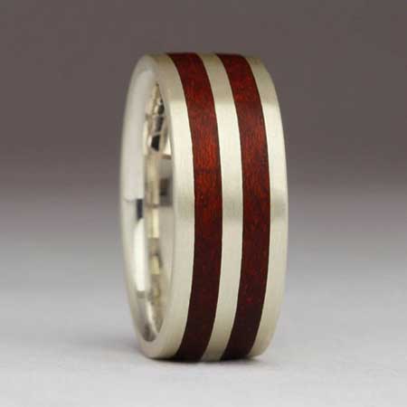 Twin inlay sterling silver and wooden wedding ring