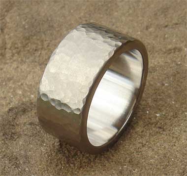 Wide mens hammered wedding ring