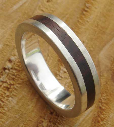Wood inlay silver wedding ring