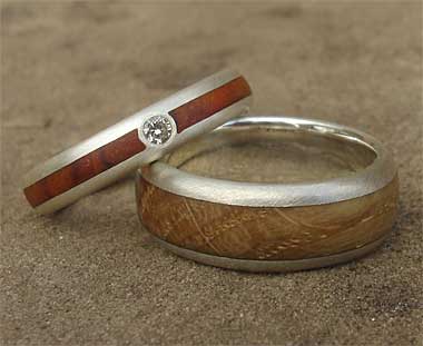 Wooden wedding ring and engagement ring